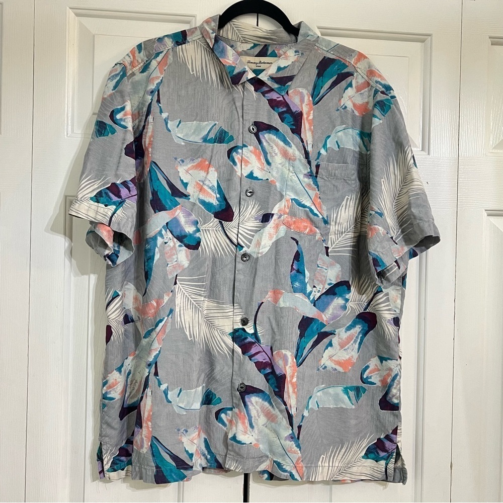 Tommy Bahama Mens Silk Button Up Shirt XL Short Sleeve Tropical Leaves Colorful